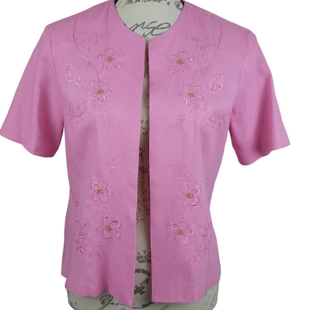 A. K. C. | Linen Open Front Embroidered Beaded Pink Jacket | Size PM